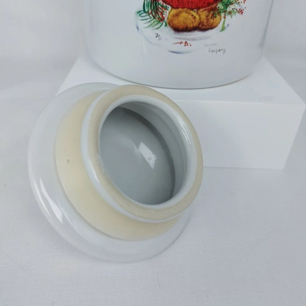 Vtg Hallmark Christmas Teddy Bear Holly Canister Jar Lid‎ Handles 9